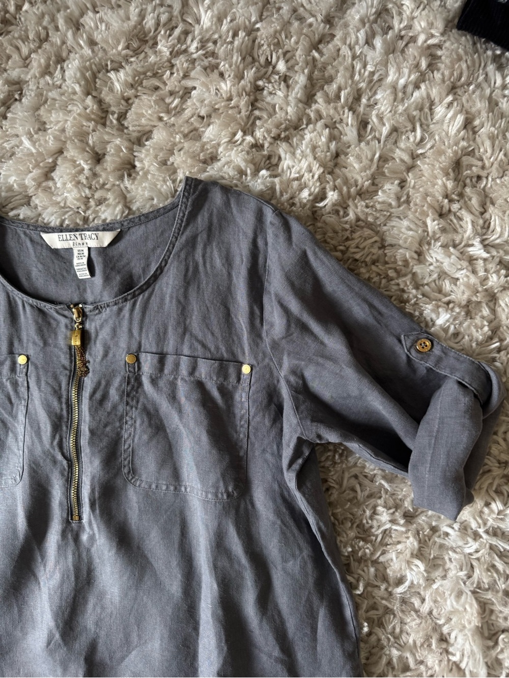 Ellen Tracy Gray Half-Zip Roll-Sleeve Blouse with Gold Accents